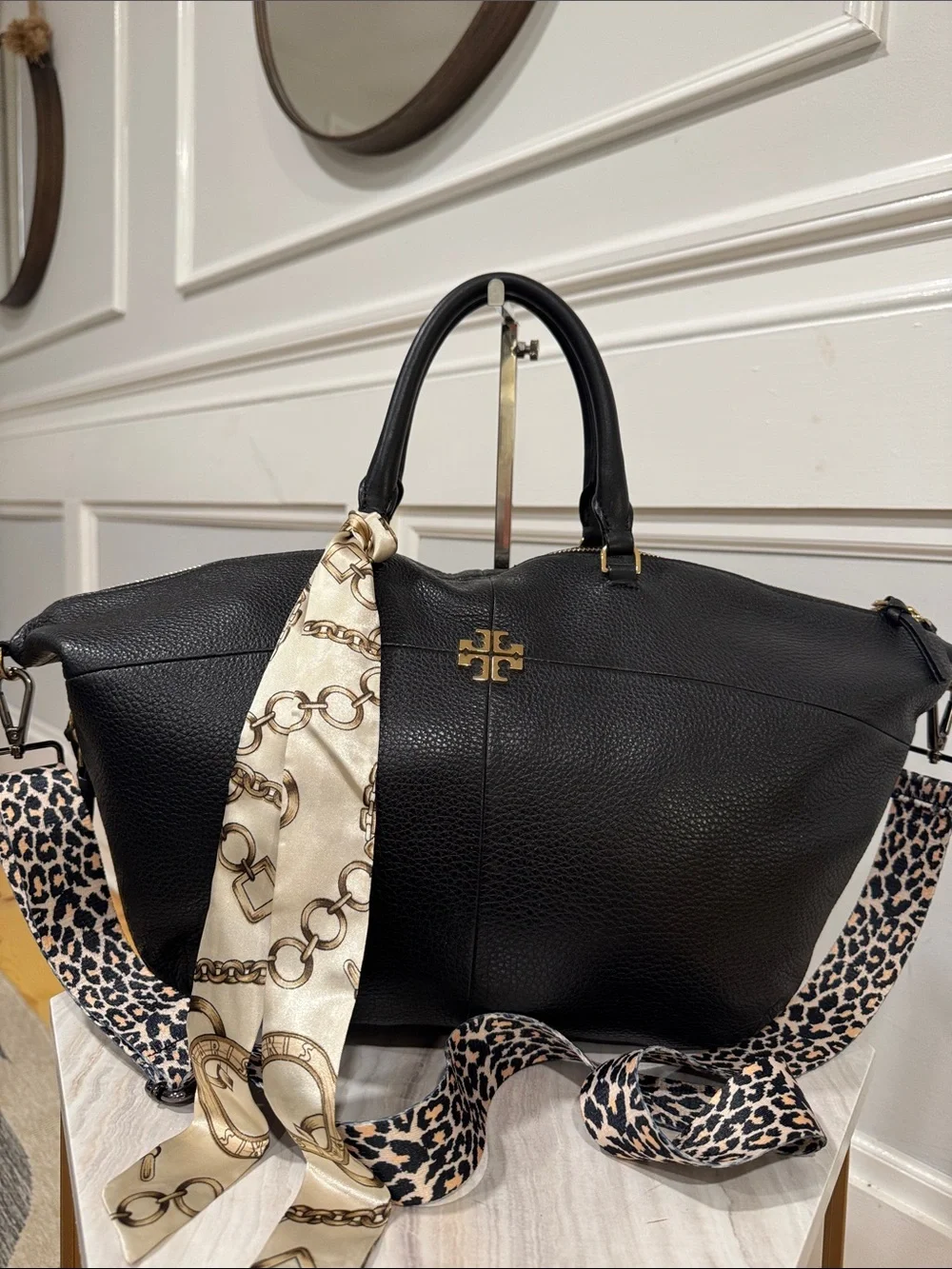 Tory Burch Bag Ivy Slouchy Black Leather Satchel with Leopard Crossbody Strap